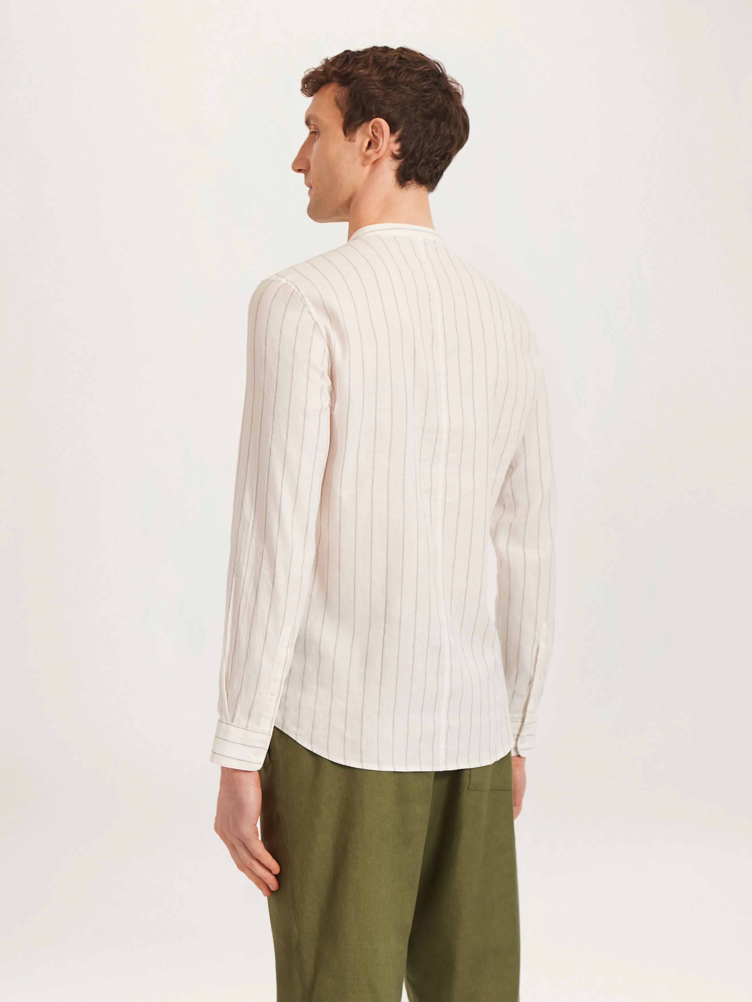 The All Day Shirt Linen Collarless || Ecru Stripe | Linen - Image 3