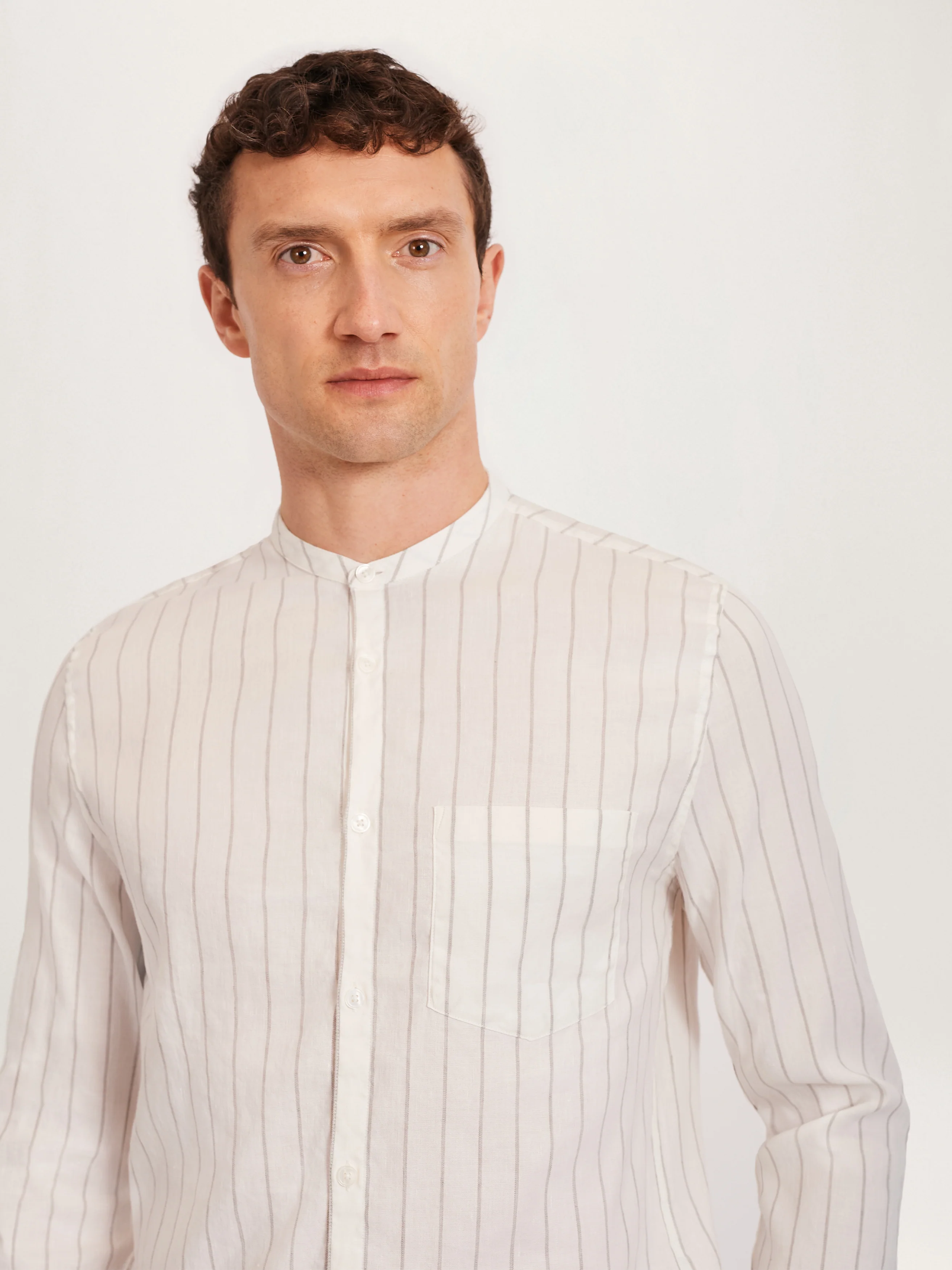 The All Day Shirt Linen Collarless || Ecru Stripe | Linen - Image 4