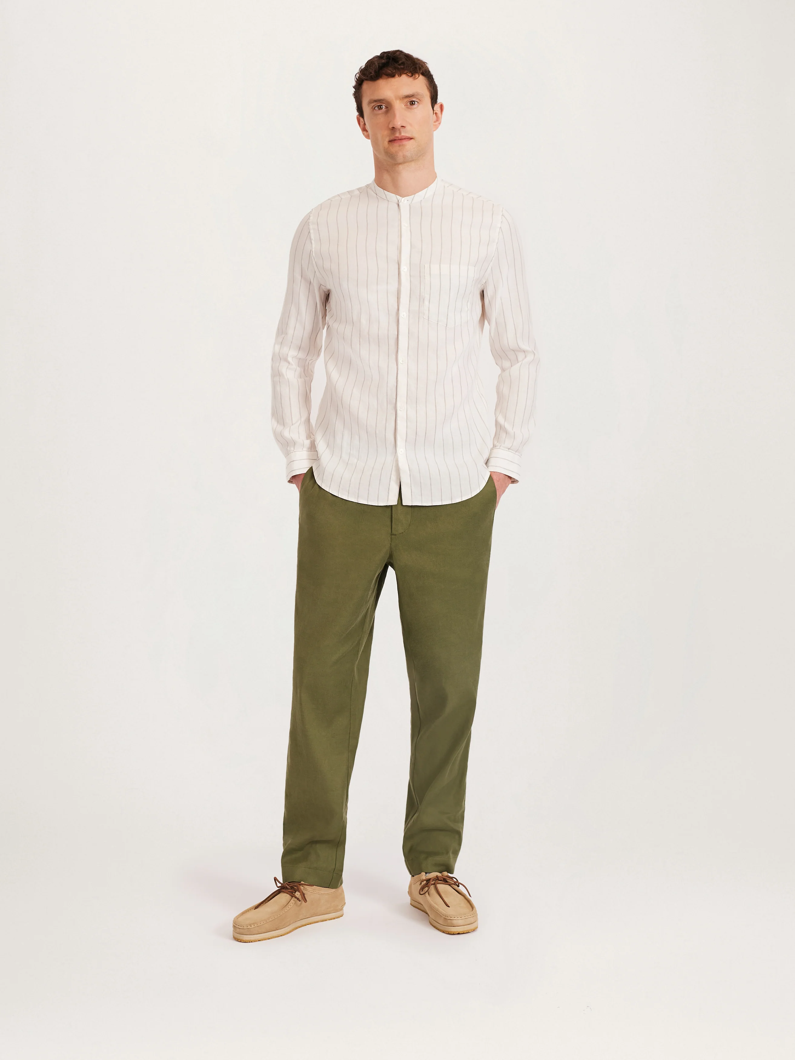The All Day Shirt Linen Collarless || Ecru Stripe | Linen - Image 5